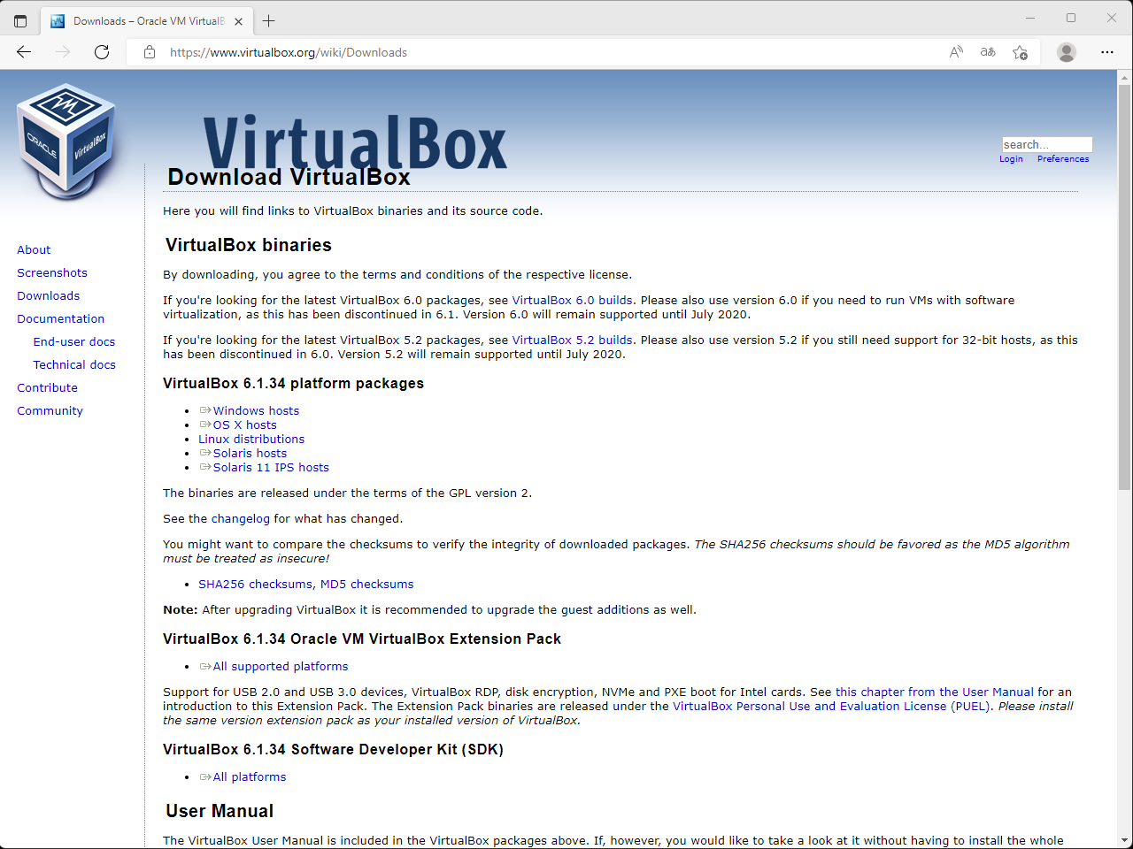 Download VirtualBoxのページを下にスクロール